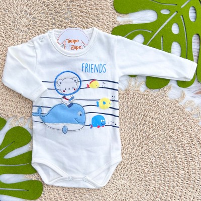 Kit 3 Peças - Bodys Manga Longa Ursinhos Friends - Off White, Marinho e Azul Bebê